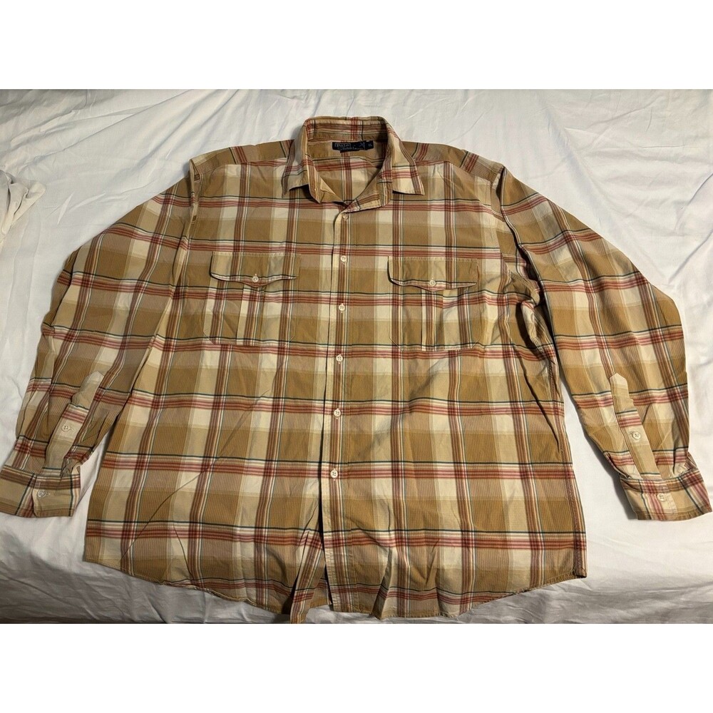 Polo Ralph Lauren Mens XL Plaid Button Front Shirt Beige Tan Cotton Long Sleeve